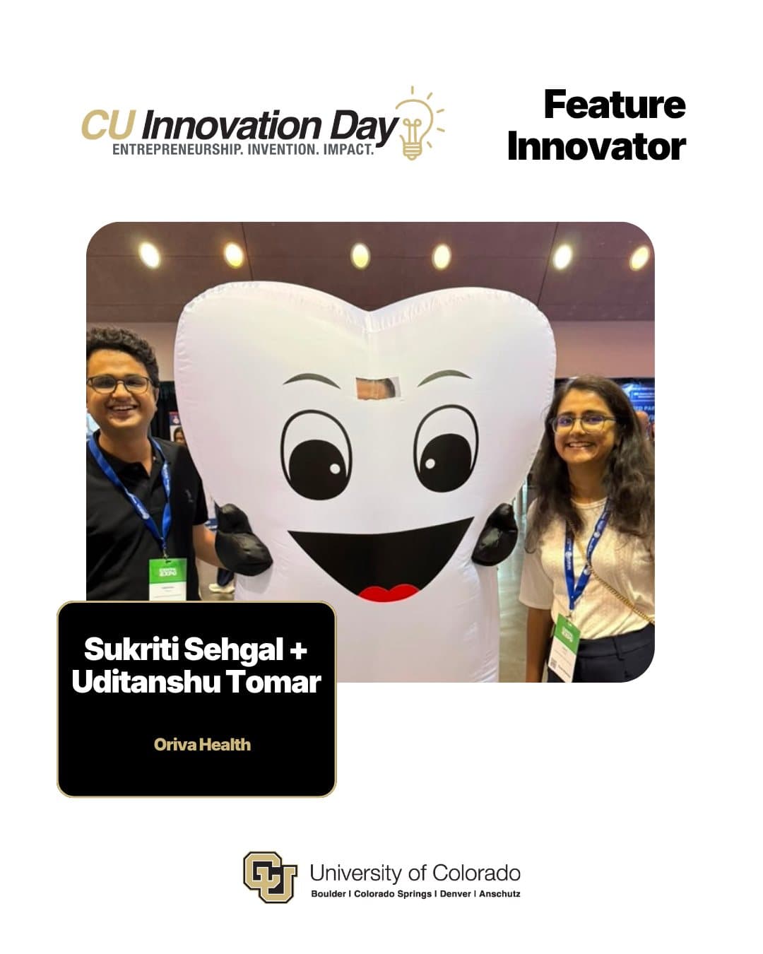 CU Innovation Day Feature Innovator card for Sukriti Sehgal and Uditanshu Tomar, co-founders of Oriva Health